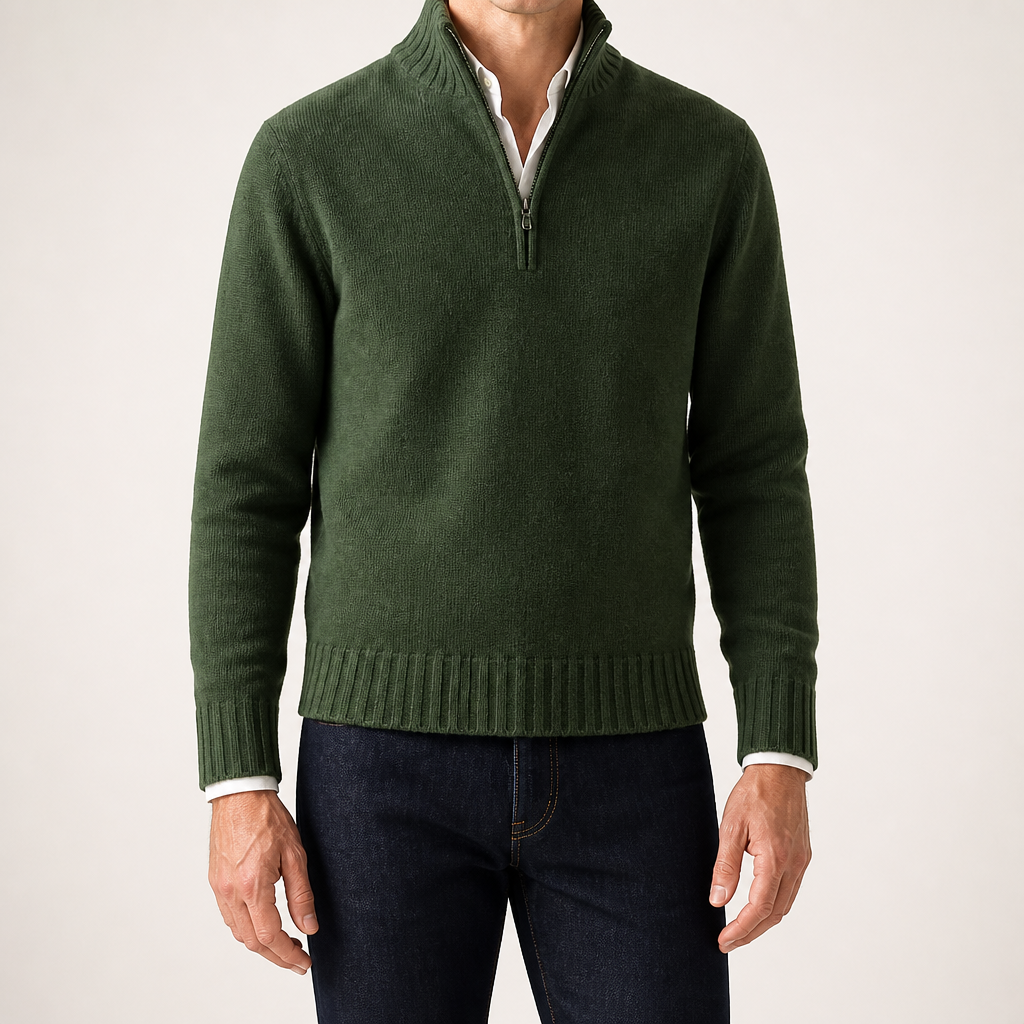 Albert | Mens Wool Knit Zip Collar Pullover Sweater, Green