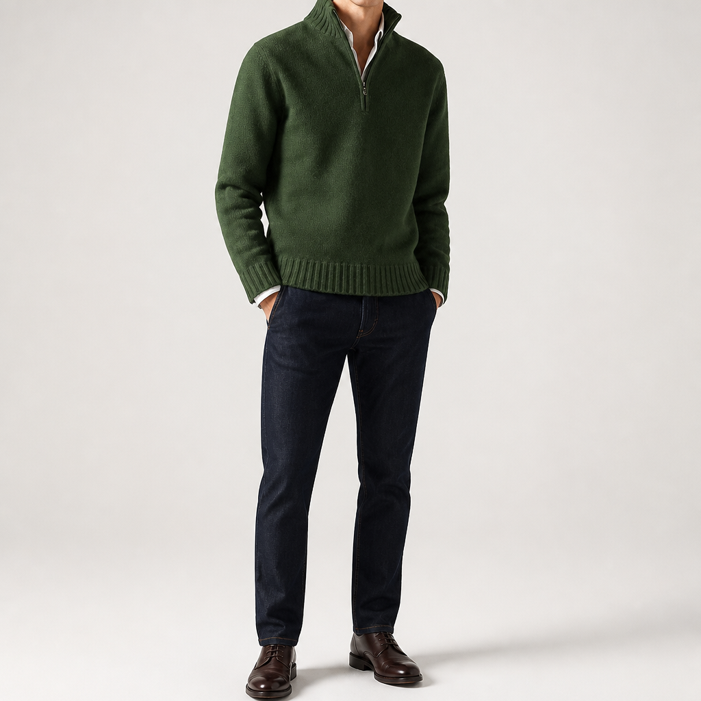 Albert | Mens Wool Knit Zip Collar Pullover Sweater, Green