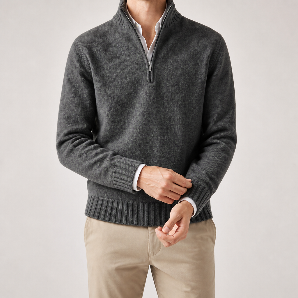 Albert | Mens Wool Knit Zip Collar Pullover Sweater, Grey