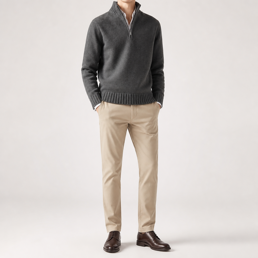 Albert | Mens Wool Knit Zip Collar Pullover Sweater, Grey