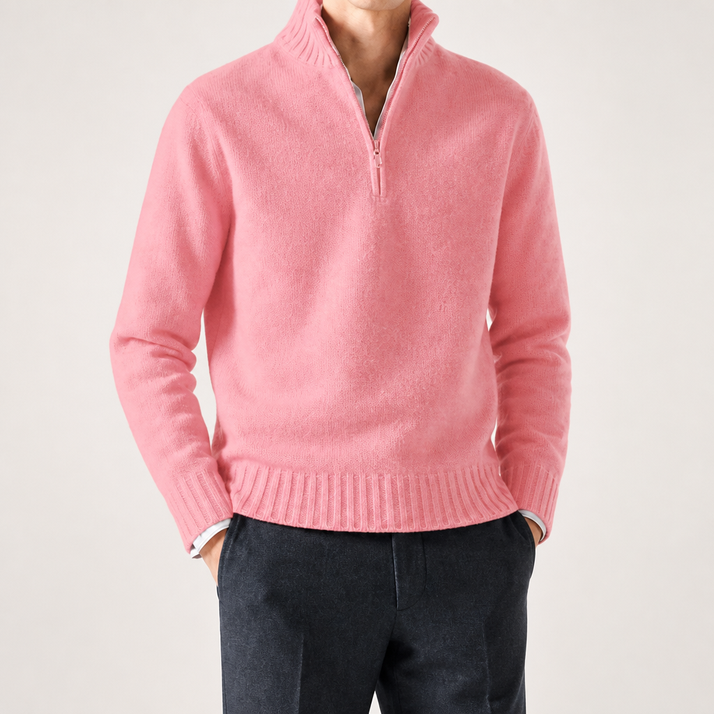 Albert | Mens Wool Knit Zip Collar Pullover Sweater, Pink