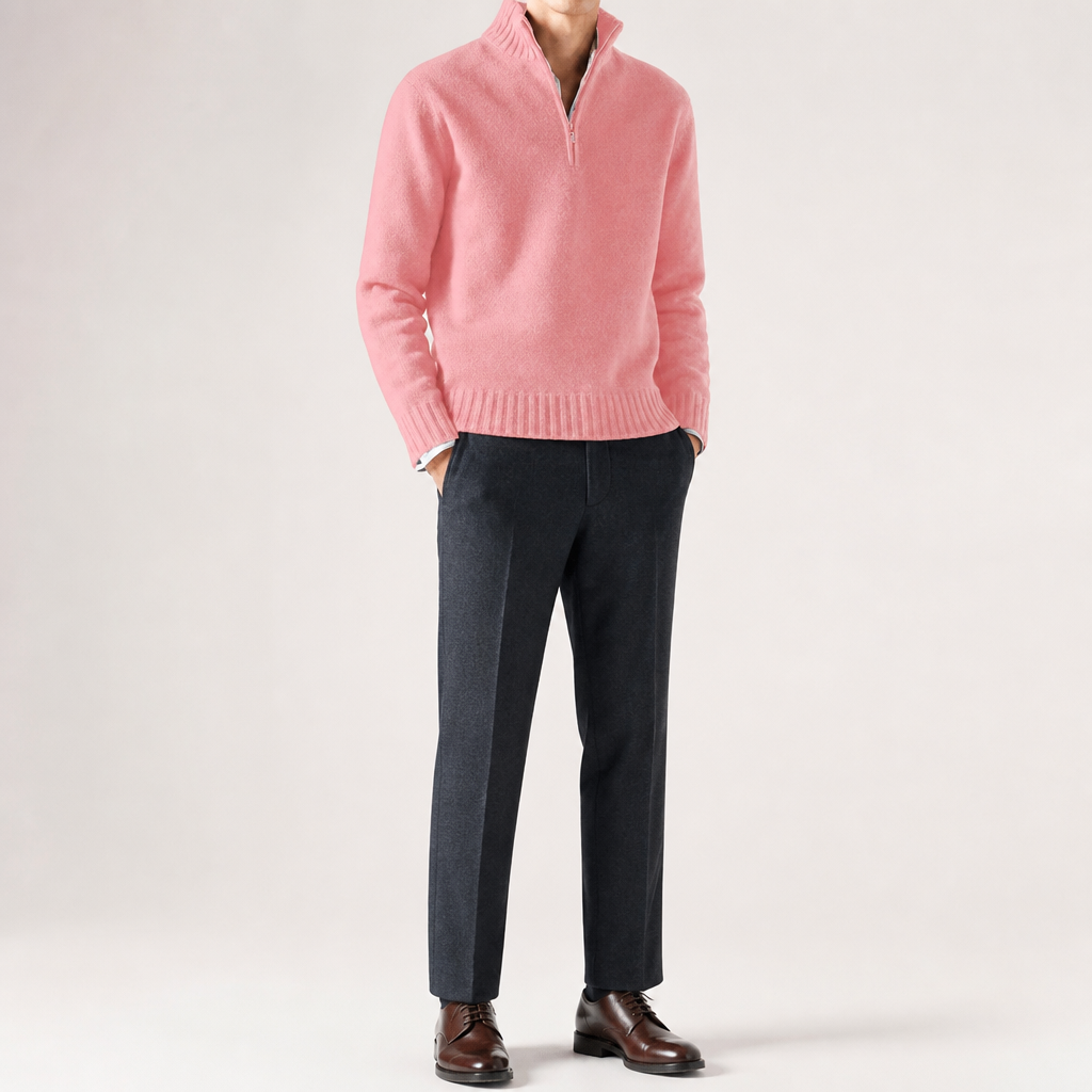 Albert | Mens Wool Knit Zip Collar Pullover Sweater, Pink