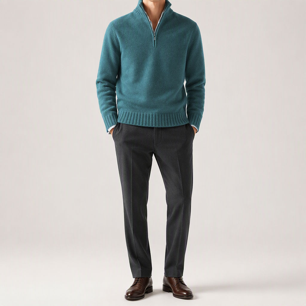 Albert | Mens Wool Knit Zip Collar Pullover Sweater, Blue
