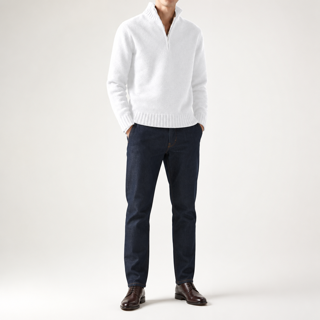 Albert | Mens Wool Knit Zip Collar Pullover Sweater, White
