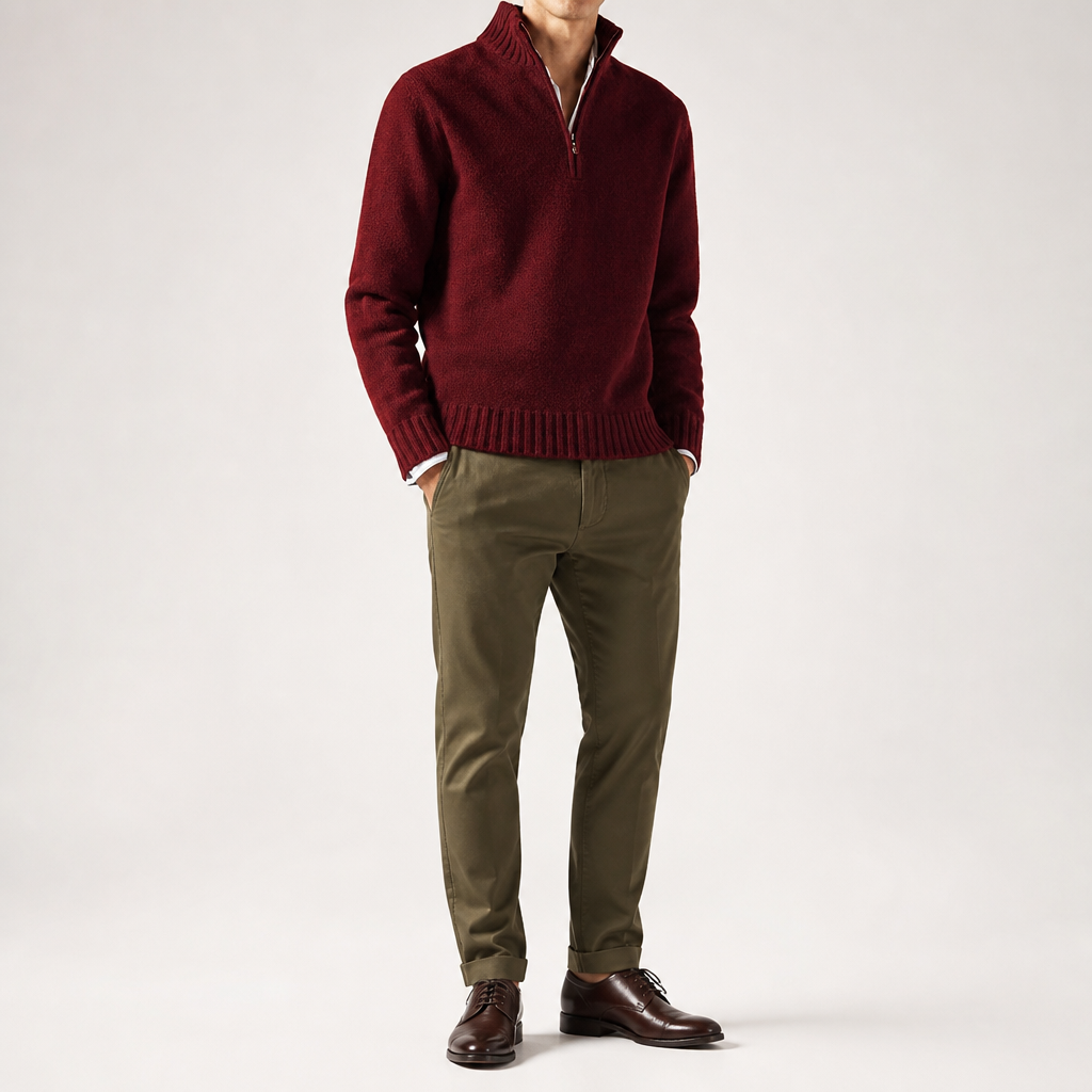 Albert | Mens Wool Knit Zip Collar Pullover Sweater, Red