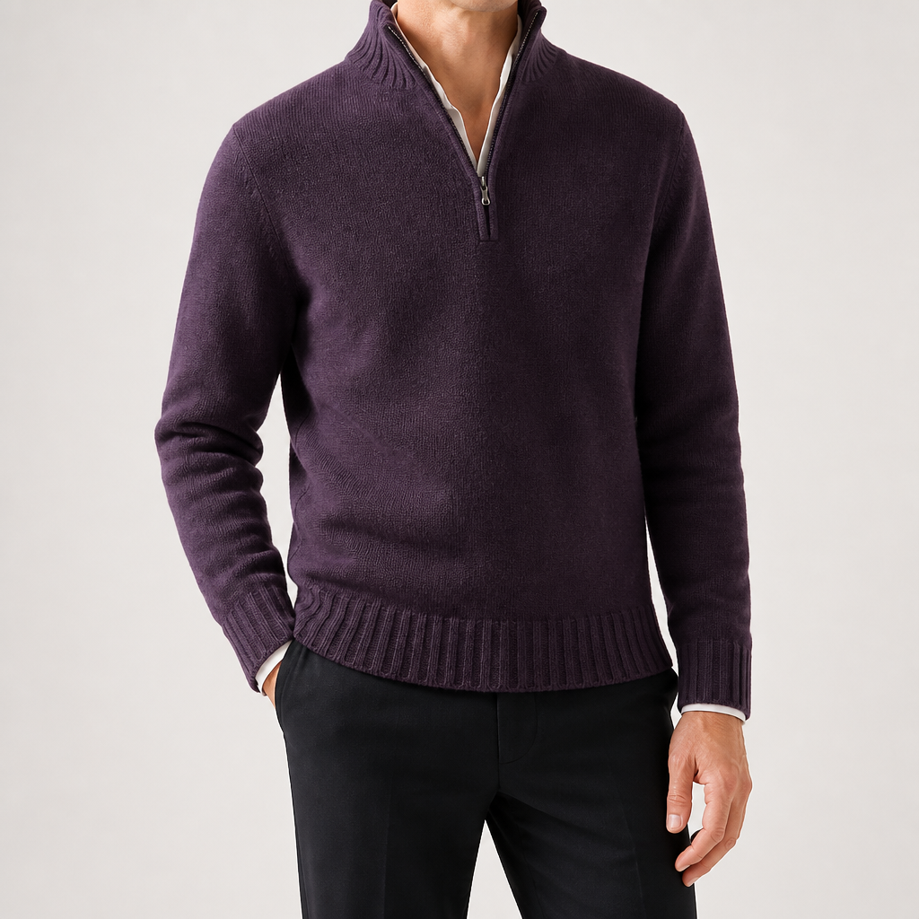 Albert | Mens Wool Knit Zip Collar Pullover Sweater, Purple
