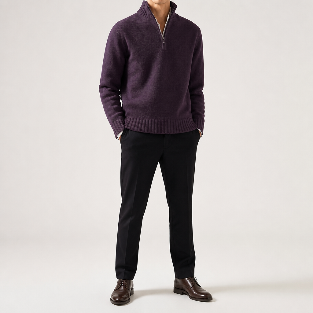 Albert | Mens Wool Knit Zip Collar Pullover Sweater, Purple