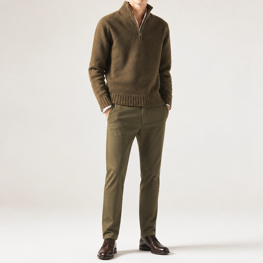 Albert | Mens Wool Knit Zip Collar Pullover Sweater, Dark Brown