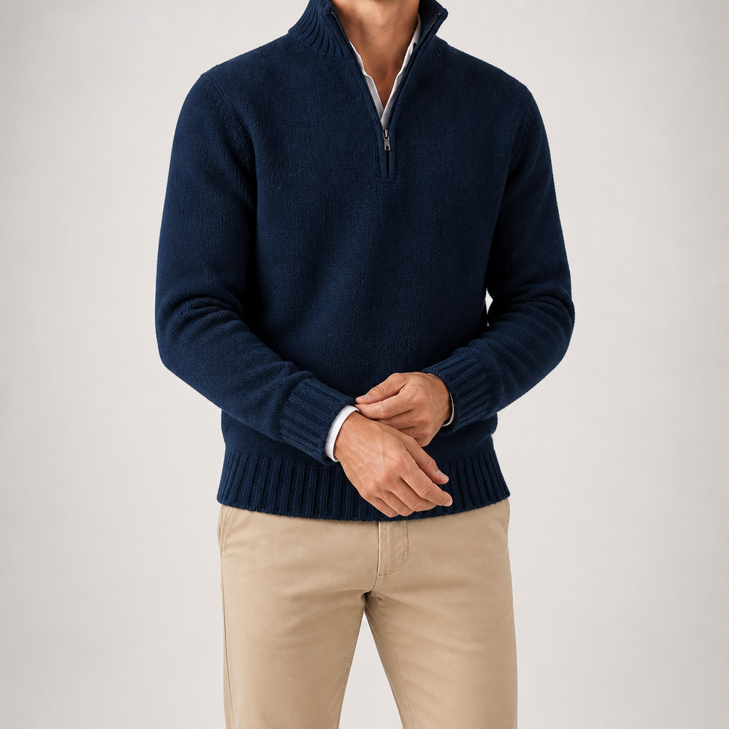 Albert | Mens Wool Knit Zip Collar Pullover Sweater, Dark Blue