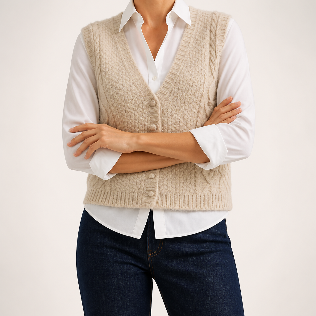 Alberta | Womens Sweater Vest V Neck Button Down Knitted Top, Khaki