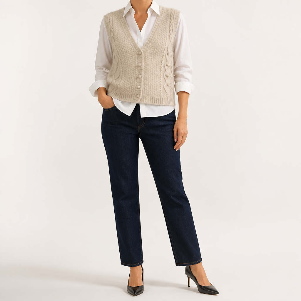 Alberta | Womens Sweater Vest V Neck Button Down Knitted Top, Khaki