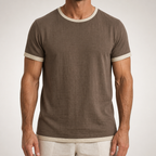 Alec | Mens Cotton Linen T Shirt Short Sleeve Round Neck Tee, Brown