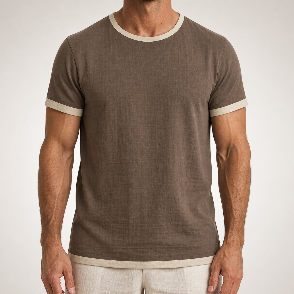 Alec | Mens Cotton Linen T Shirt Short Sleeve Round Neck Tee, Brown