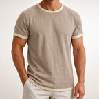 Alec | Mens Cotton Linen T Shirt Short Sleeve Round Neck Tee, Khaki