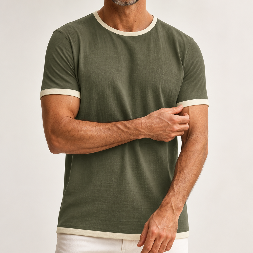 Alec | Mens Cotton Linen T Shirt Short Sleeve Round Neck Tee, Army Green
