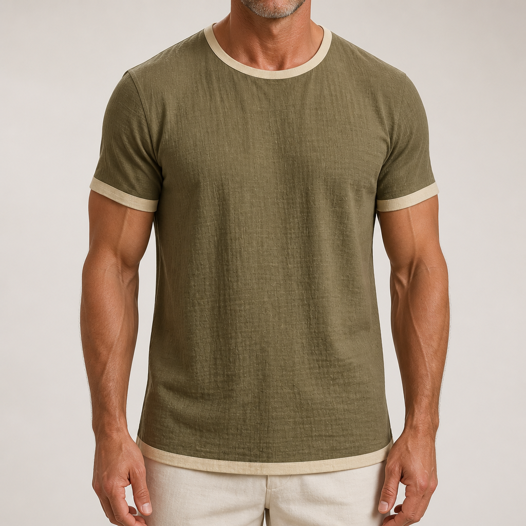 Alec | Mens Cotton Linen T Shirt Short Sleeve Round Neck Tee, Olive