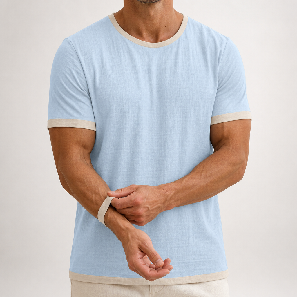 Alec | Mens Cotton Linen T Shirt Short Sleeve Round Neck Tee, Light Blue
