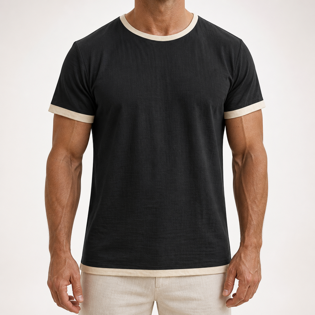 Alec | Mens Cotton Linen T Shirt Short Sleeve Round Neck Tee, Black