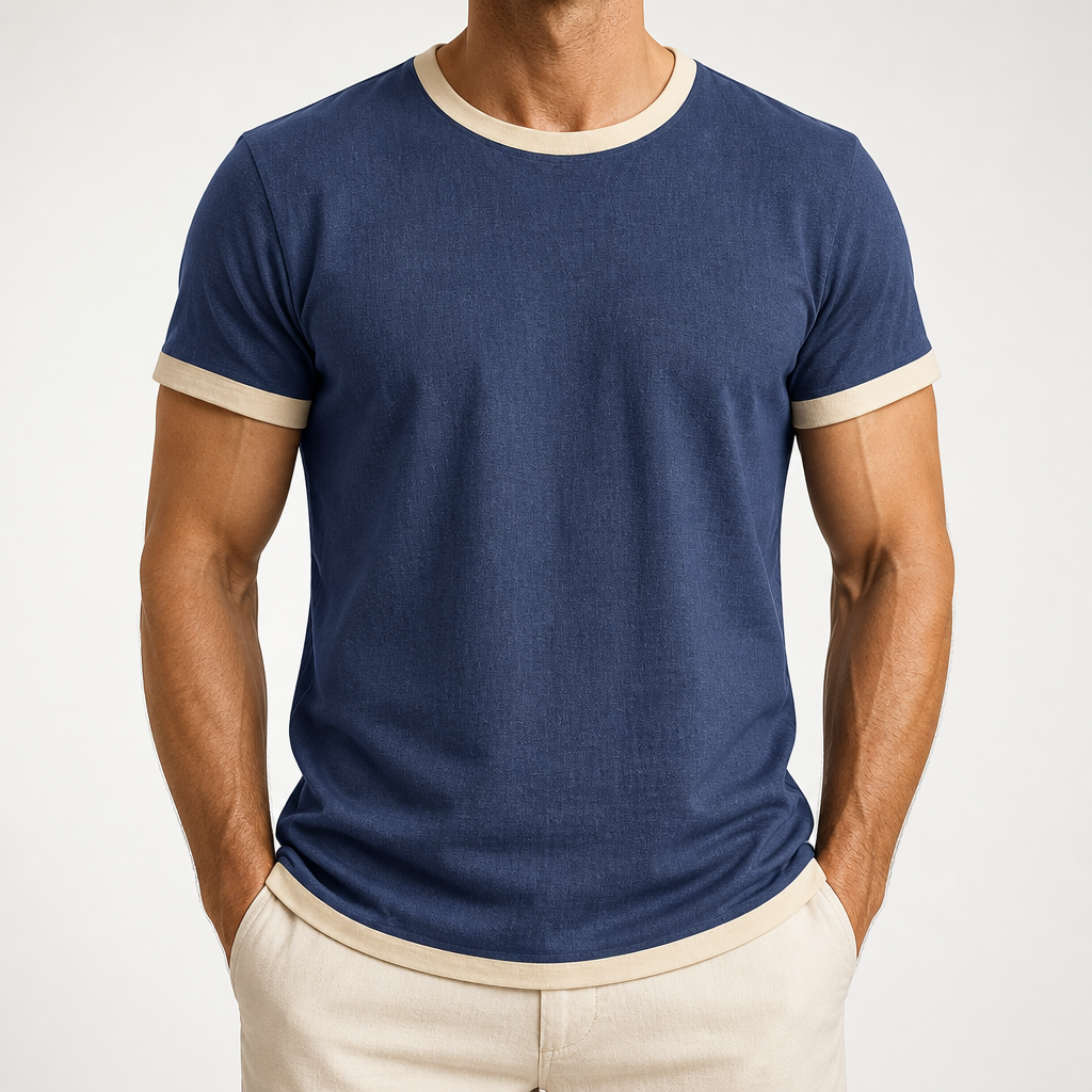 Alec | Mens Cotton Linen T Shirt Short Sleeve Round Neck Tee, Navy