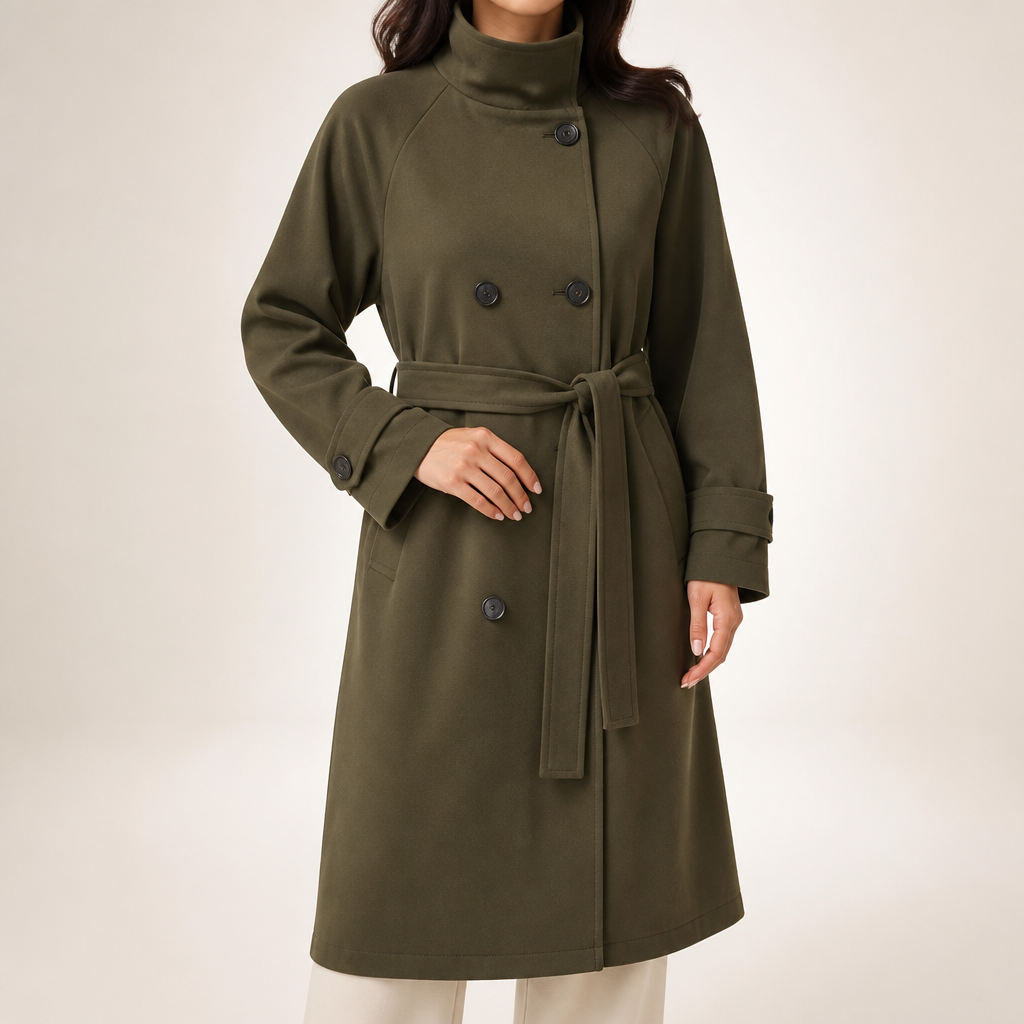Alexandra | Womens Cropped Double Breasted Stand Collar Short Trench Coat, Army Green