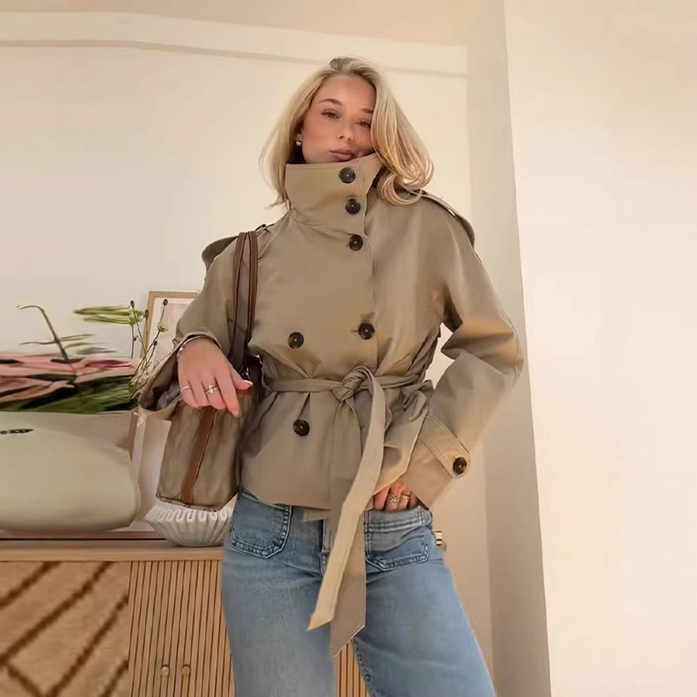 Alexandra | Womens Cropped Double Breasted Stand Collar Short Trench Coat, Khaki