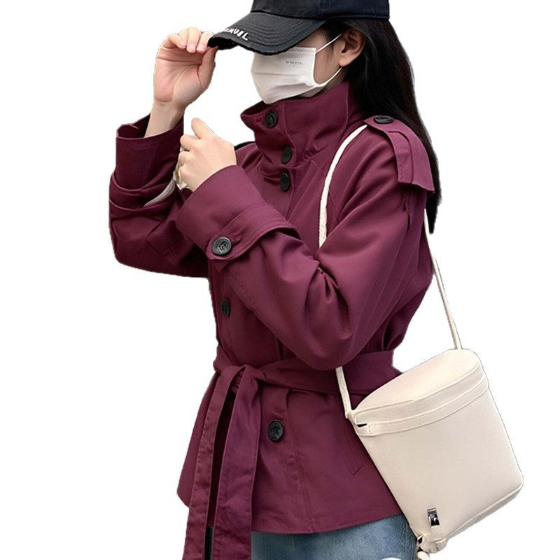 Alexandra | Womens Cropped Double Breasted Stand Collar Short Trench Coat, Wine Red