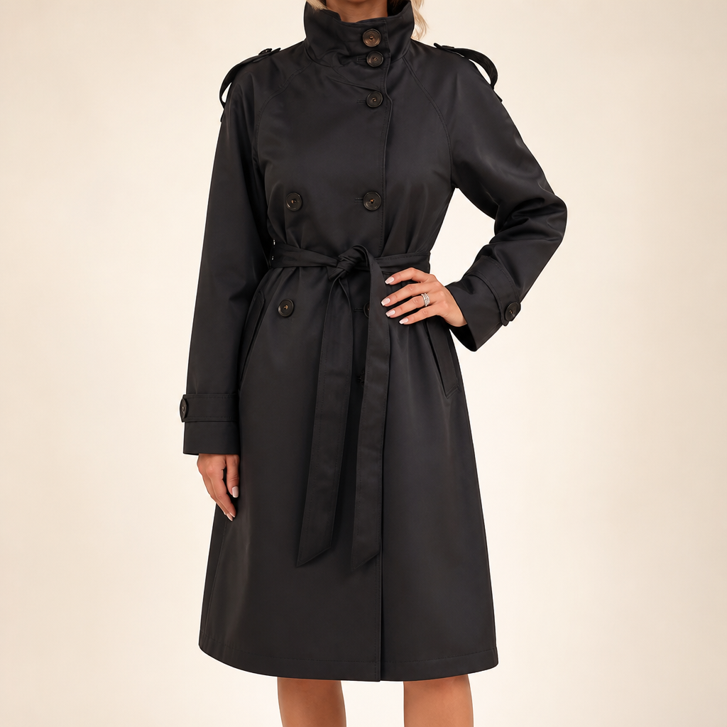 Alexandra | Womens Cropped Double Breasted Stand Collar Short Trench Coat, Black