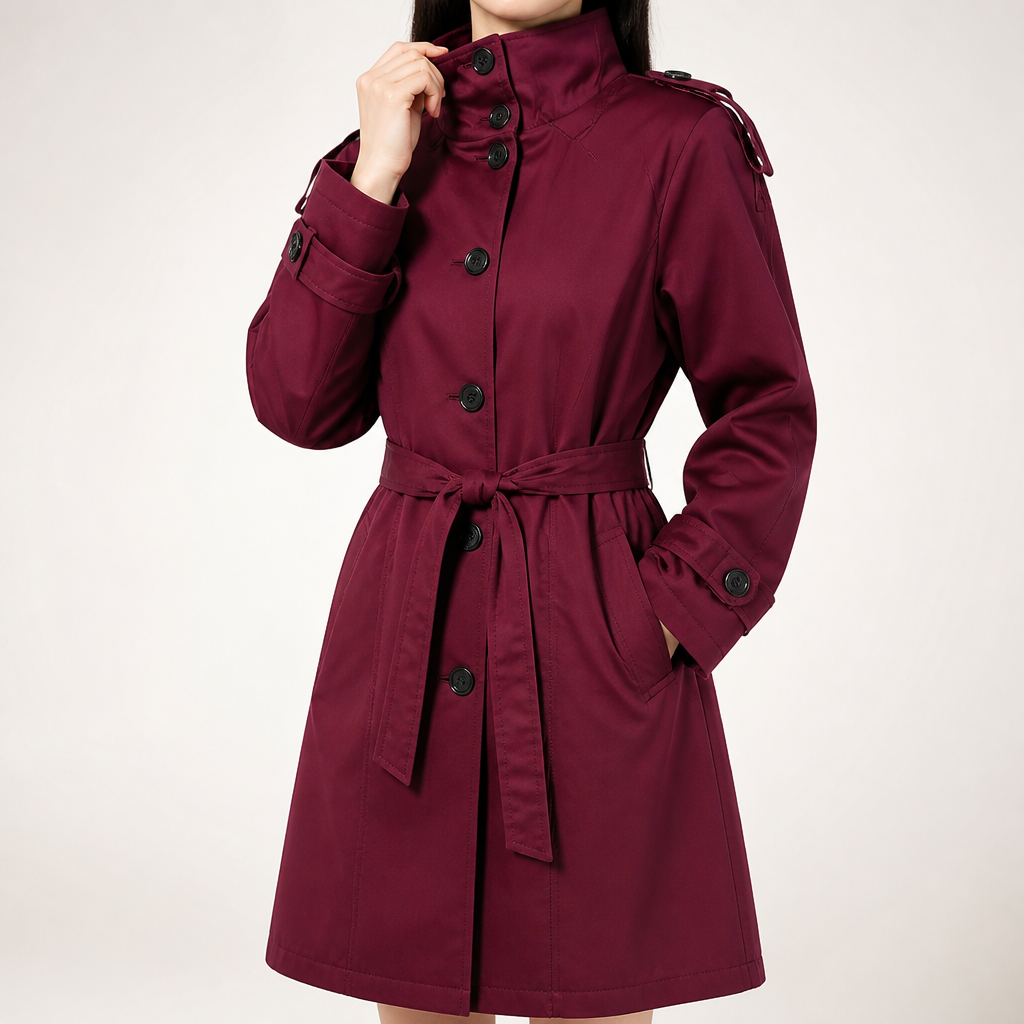 Alexandra | Womens Cropped Double Breasted Stand Collar Short Trench Coat, Wine Red
