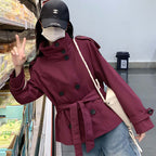 Alexandra | Womens Cropped Double Breasted Stand Collar Short Trench Coat, Wine Red