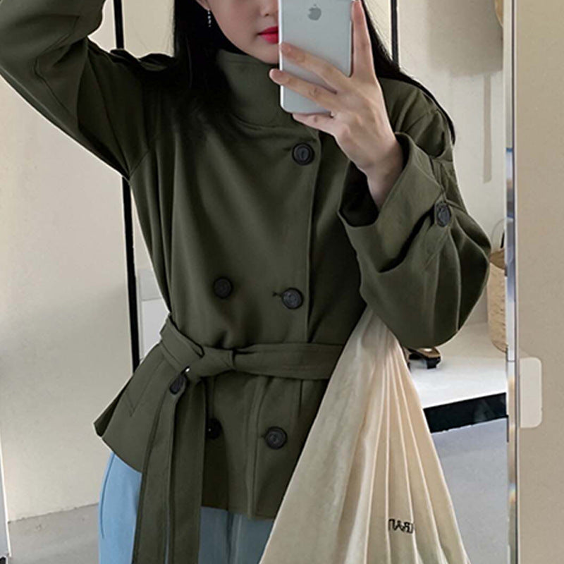 Alexandra | Womens Cropped Double Breasted Stand Collar Short Trench Coat, Army Green