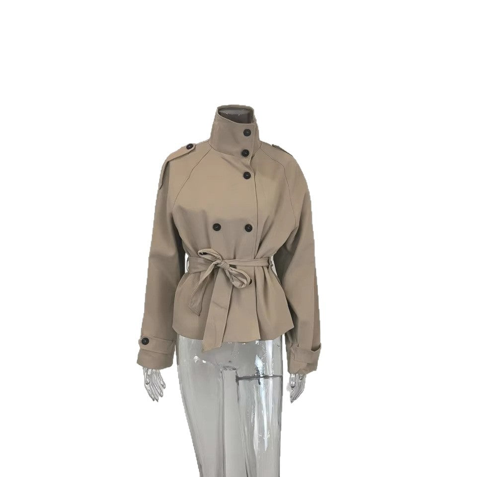 Alexandra | Womens Cropped Double Breasted Stand Collar Short Trench Coat, Khaki