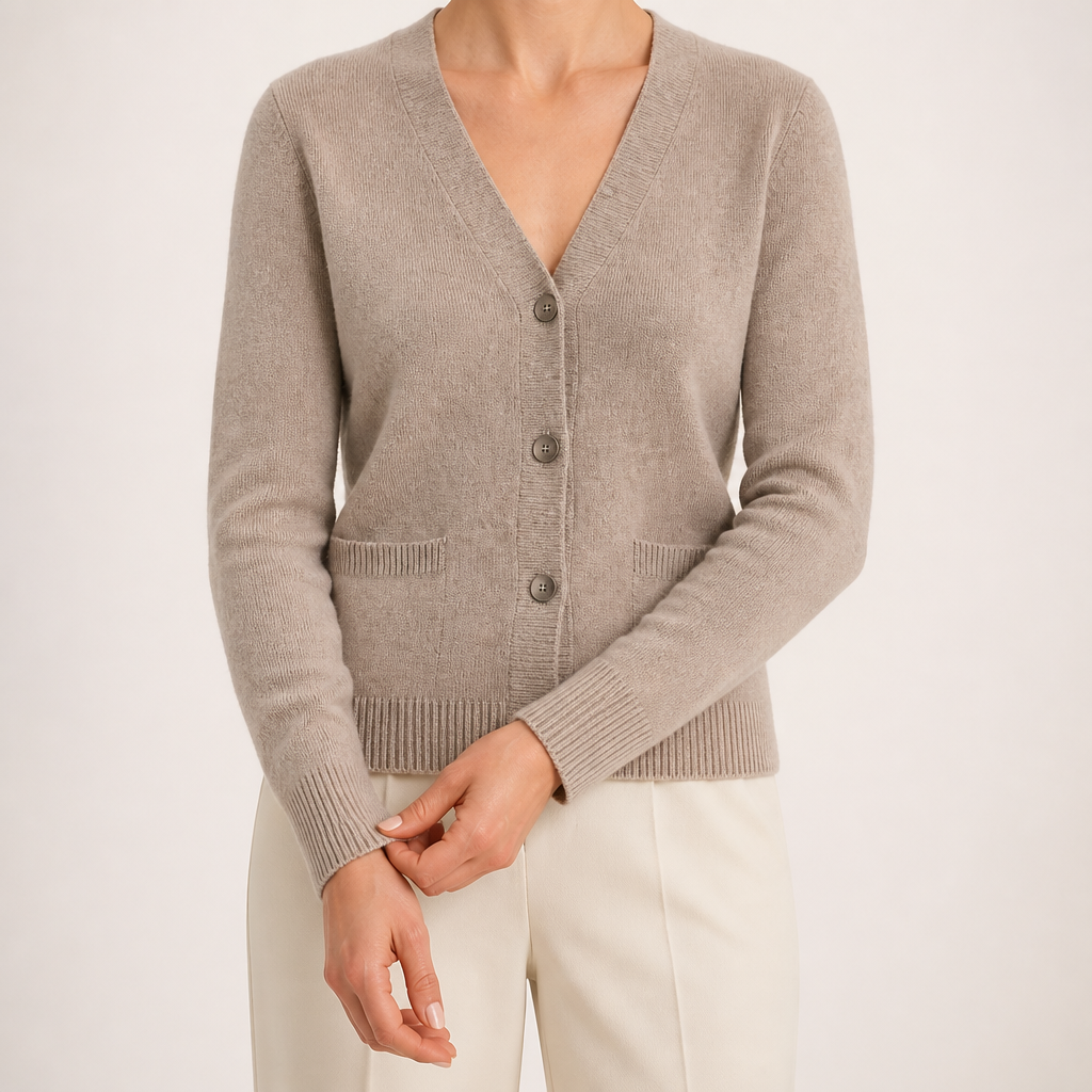 Alicia | Womens Wool Blend Knit Button Pocket Cardigan Sweater, Taupe
