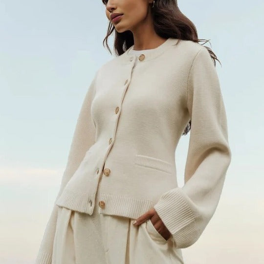 Alicia | Womens Wool Blend Knit Button Pocket Cardigan Sweater, Ivory