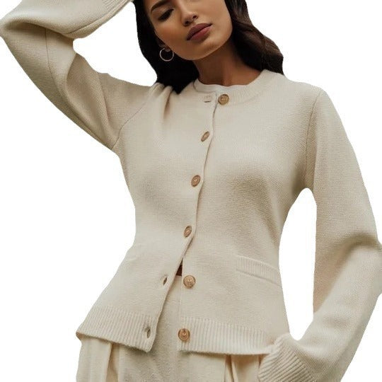 Alicia | Womens Wool Blend Knit Button Pocket Cardigan Sweater, Ivory