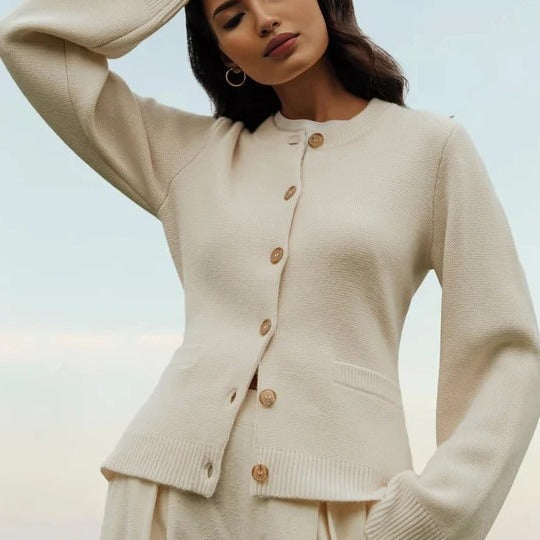 Alicia | Womens Wool Blend Knit Button Pocket Cardigan Sweater, Ivory