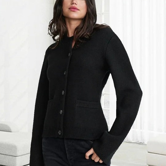 Alicia | Womens Wool Blend Knit Button Pocket Cardigan Sweater, Black