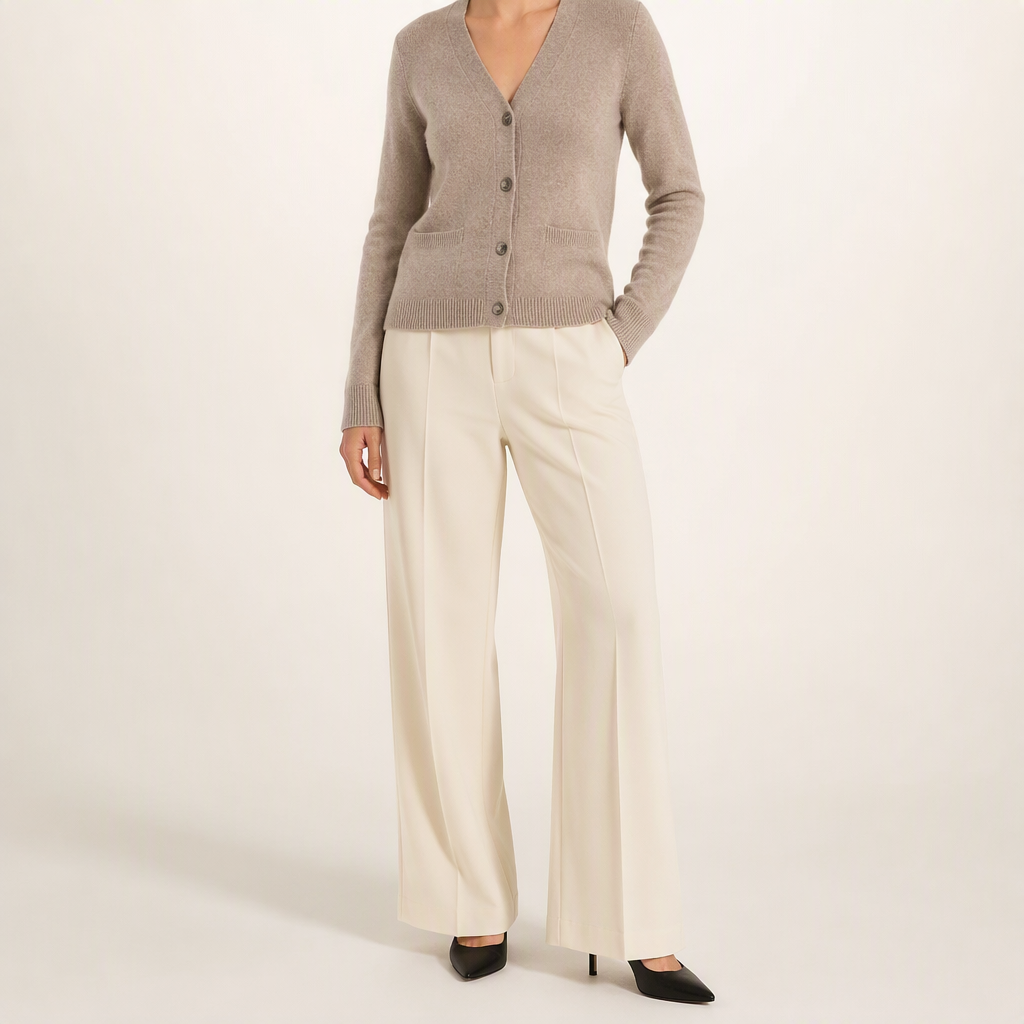 Alicia | Womens Wool Blend Knit Button Pocket Cardigan Sweater, Taupe