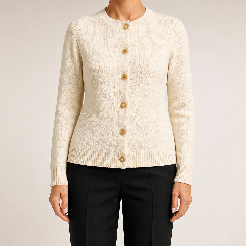 Alicia | Womens Wool Blend Knit Button Pocket Cardigan Sweater, Ivory