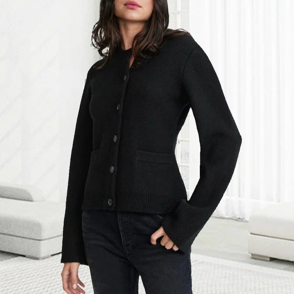 Alicia | Womens Wool Blend Knit Button Pocket Cardigan Sweater, Black