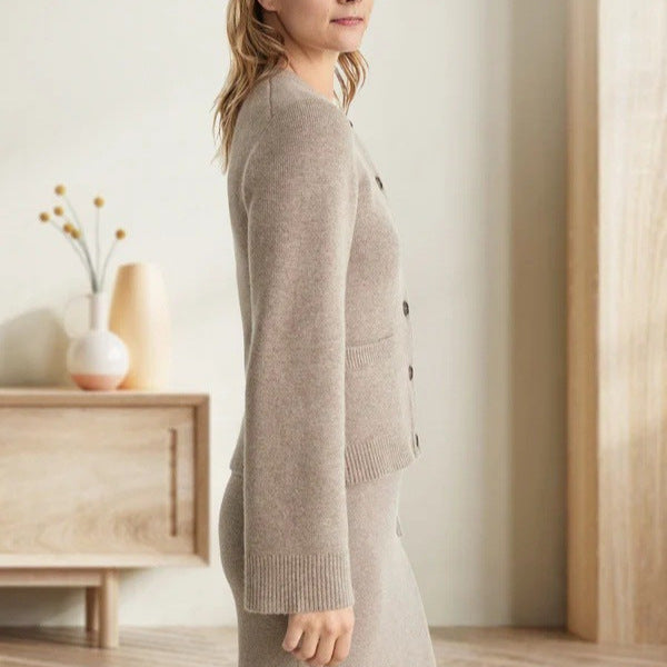 Alicia | Womens Wool Blend Knit Button Pocket Cardigan Sweater, Taupe