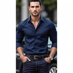 Ambrose | Mens Slim Fit Long Sleeve Formal Business Shirt Non Iron - Navy Blue