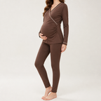 Anastasia | Womens Maternity Nursing Pajamas Cotton Long Sleeve Loungewear Set, Brown