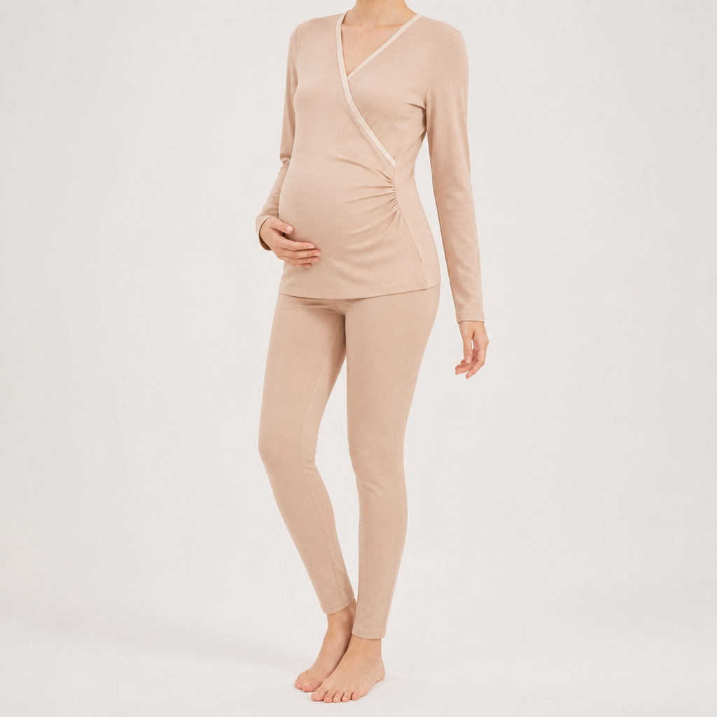 Anastasia | Womens Maternity Nursing Pajamas Cotton Long Sleeve Loungewear Set, Nude