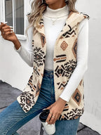 Andrea | Womens Teddy Fleece Hooded Longline Aztec Print Open Front Vest