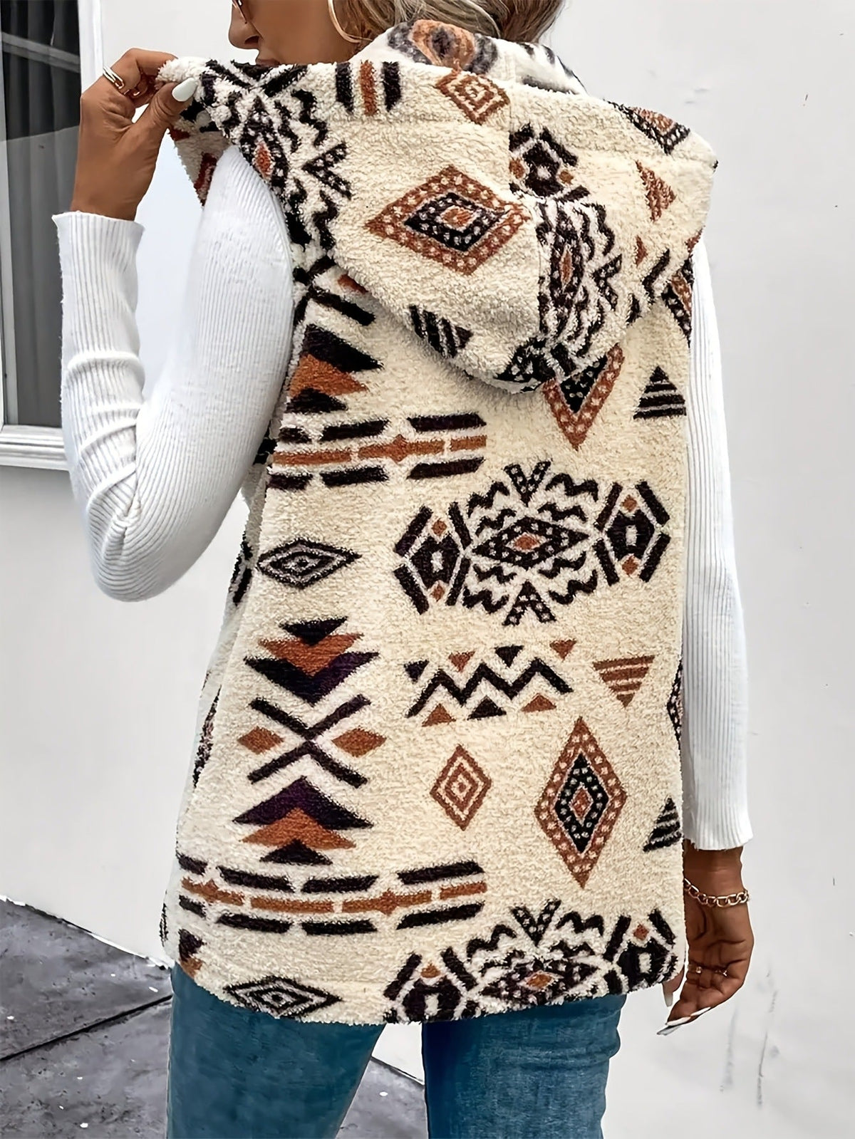 Andrea | Womens Teddy Fleece Hooded Longline Aztec Print Open Front Vest