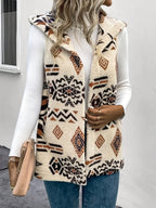 Andrea | Womens Teddy Fleece Hooded Longline Aztec Print Open Front Vest