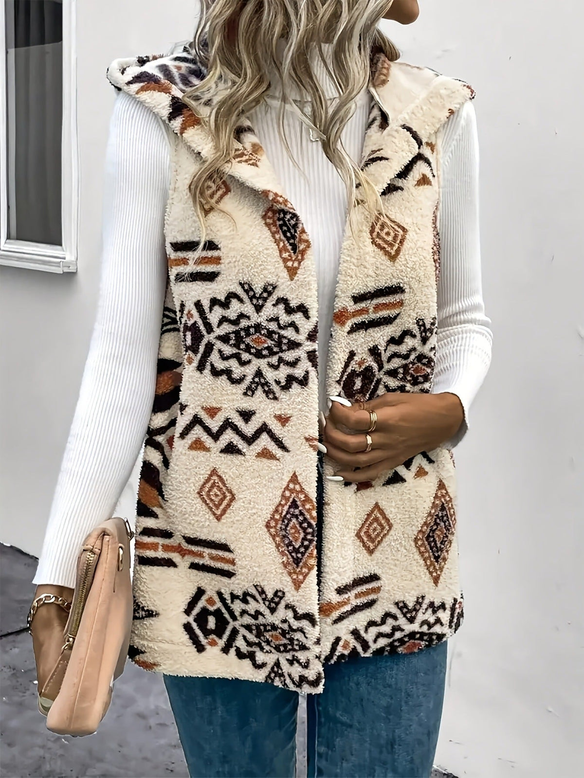 Andrea | Womens Teddy Fleece Hooded Longline Aztec Print Open Front Vest