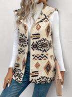 Andrea | Womens Teddy Fleece Hooded Longline Aztec Print Open Front Vest