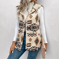 Andrea | Womens Teddy Fleece Hooded Longline Aztec Print Open Front Vest, Cream