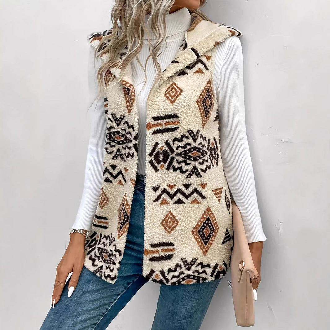 Andrea | Womens Teddy Fleece Hooded Longline Aztec Print Open Front Vest, Cream